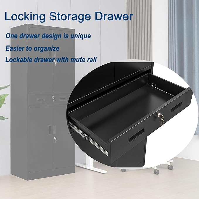 Metal Storage Cabinet, 71" H x 28" W x 16" D Locking Storage Cabinet with Adjustable Shelves and One Drawer, Steel Cabinet for Office, Garage, Home, School, Utility (Black)