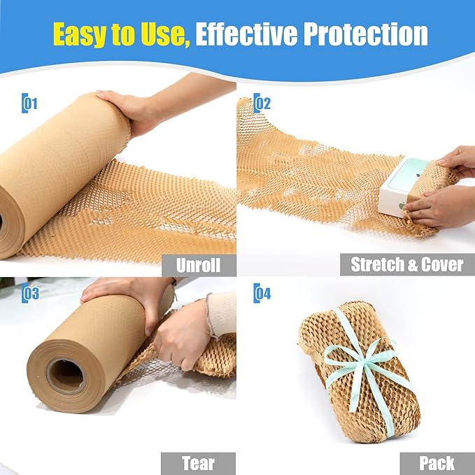 Honeycomb Packing Paper Roll 15" x 295 FT with Fragile Stickers– Biodegradable Cushioning Wrap for Moving, Shipping & Gift Wrapping – 100% Recyclable, FSC Certified Eco-Friendly Packaging