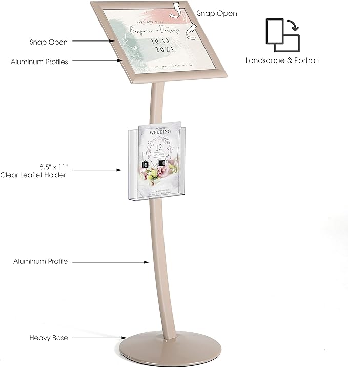 M&T Displays Curved Menu Board, 11x17 Inch Pedestal Sign Holder with 8.5x11 Inch Brochure Holder Pale Rose Floor Standing Aluminum Front Loading Easy Open Poster Message Advertisement Post