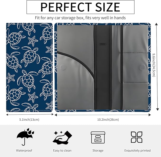 Premium Car Registration and Insurance Card Holder, Cute PU Leather Car Document Holder, Vehicle Glove Box Car Organizer with Magnetic Closure for Driver License, Cards Navy Turtle Starfish