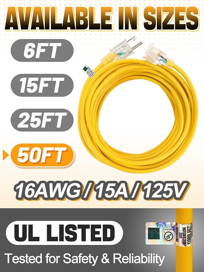 Lighted End Heavy Duty Outdoor Extension Cord Waterproof -16AWG, 3 Prong, 15A, 1875W, Flexible Yellow Power Extension Cord for Outsides, 50ft