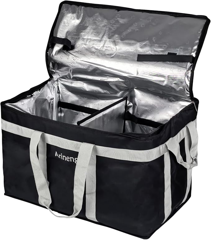 Food Delivery Insulated Bag, Insulated Cold Meal Bag, Built-in Base Plate, For Hot and Cold Food Takeout, Commercial Catering Transportation - 23 * 14 * 15 inches (Partitioned, Black)