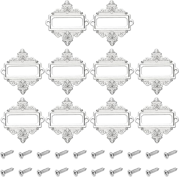uxcell 10 Pcs Metal Label Holder, 2.2 x 2.4 Inch Small Vintage Card Frame Tag Floral Lace Label Holder with Screws for File Boxes Drawers Door Cabinet Book Shelves, White Nickel