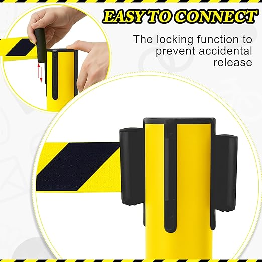 Therwen 6 Pcs Double Retractable Belt Barrier with Stanchion Dual Retractable Safety Belt Heavy Duty Crowd Control Stanchions Stainless Steel Post Holder Safety Barrier Stand (9.8 ft,Yellow and Black)