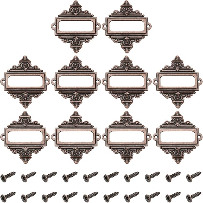 uxcell 10 Pcs Metal Label Holder, 2.2 x 2.4 Inch Small Vintage Card Frame Tag Floral Lace Label Holder with Screws for File Boxes Drawers Door Cabinet Book Shelves, Bronze Red