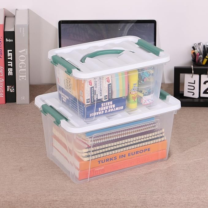 2-Pack Plastic Lidded Storage Box with Handle, Organizing Container with Lid and Latching Buckles (7 Quart/14 Quart)