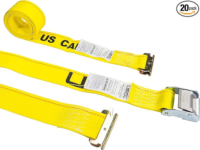 US Cargo Control E-Track Cam Buckle Straps (20-Pack), 2 Inch x 12 Foot E Track Straps with Cam Buckle and Spring E-Fittings, 2,500 LBS Break Strength, Easy-to-Use Tiedowns in Vans and Trailers
