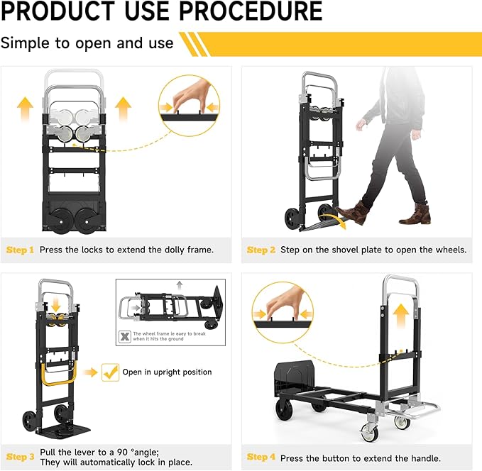 3-in-1 Heavy Duty Folding Hand Truck, 500LB Capacity Convertible Steel Dolly Cart with 360° Swivel Wheels & Telescopic Handle, Foldable Utility Wagon for Moving, Warehouse and Shopping