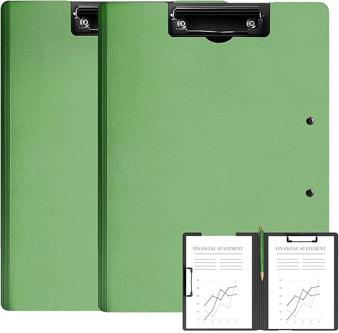 2 Pack Foldable Clipboards, A4 Office Clipboard Folder with Double Metal Clips, 360 Degree Foldable Binder Clipboard with Pen Holder, File Cover Work Folder Clipboards, Green