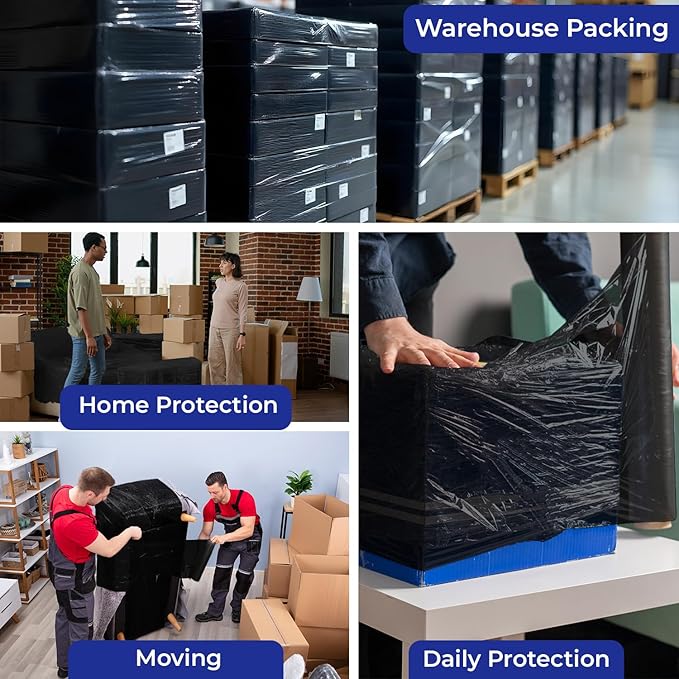 Rosmonde Black Plastic Wrap, 128 Rolls Bulk Pack, 80 Gauge Thick Shrink Wrap, True 18" x 1500 ft Industrial Strength, 9.4 lbs/Roll, Bulk Pallet Stretch Wrap for Warehouse, Moving and Secured Packaging