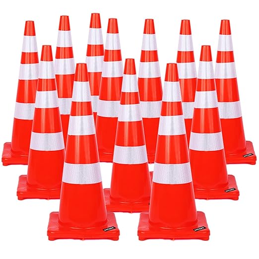 BATTIFE 12 Pack Traffic Safety Cones 36 Inches with Reflective Collars, PVC Orange Construction Cone for Traffic Control, Driveway Road Parking
