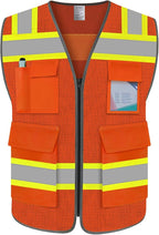 TCCFCCT Safety Vest for Men Women 5 Pockets Mesh High Visibility Reflective Vest with Reinforced Zipper, Durable Construction Work Vest with Fluorescent Orange Edge, Meets ANSI/ISEA, DW-Orange, 5XL