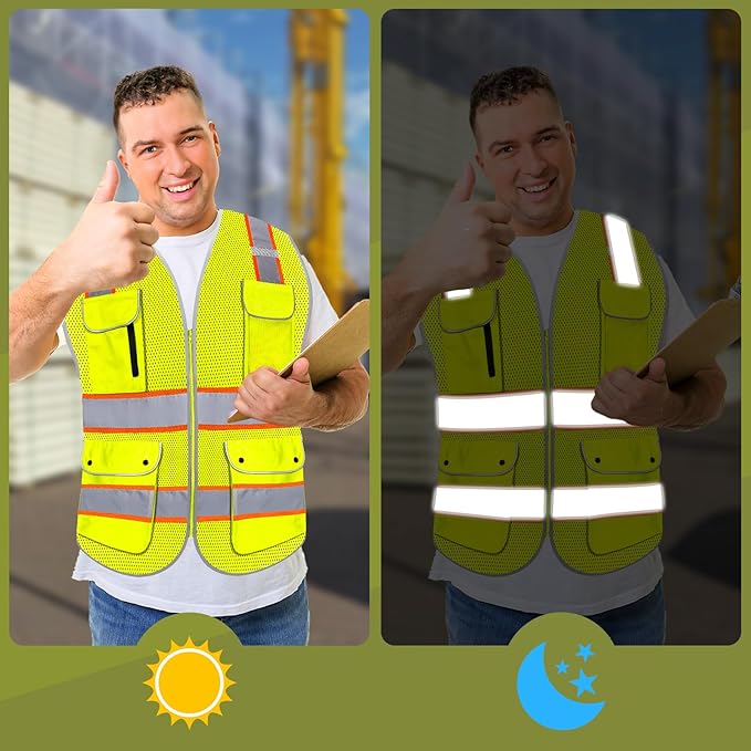 High Visibility Safety Vest - Reflective Breathable Mesh with 9 Pockets, Front Zipper for Men & Women - Meets ANSI/ISEA Standards