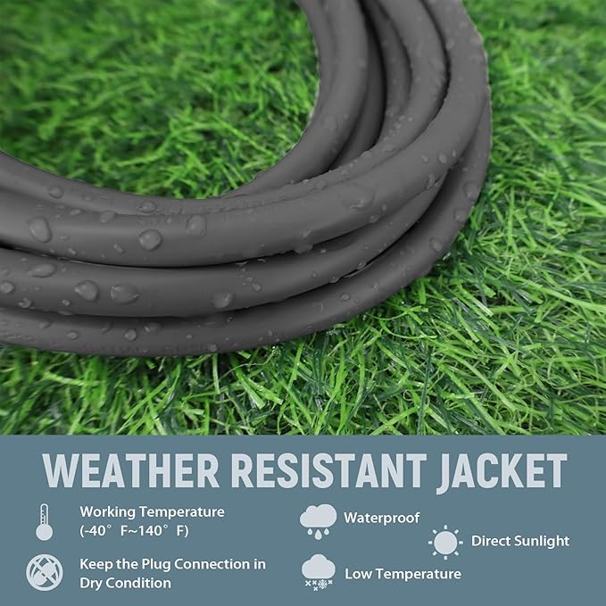 10 FT 12 Gauge Extension Cord Outdoor, Heavy Duty Weatherproof & Flame Retardant Black 3 Prong Power Cord, Outside for Garden & Lawn, 15 Amps 1875 Watts 125 VAC 12AWG SJTW, UL Listed