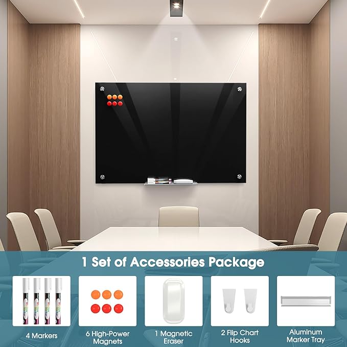 MaxGear Glass Whiteboard 36x24 Inches Wall Mounted, Magnetic Black Dry Erase Board with 1 Eraser, 1 Accessory Tray, 4 Markers and 6 Magnets, Large Frameless White Board for Office, School, Home