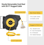 DEWENWILS Retractable Extension Cord Reel, 50FT Power Cord Reel with 14AWG/3C SJTOW, 13A Circuit Breaker, Wall/Ceiling Mounted, 3-Lighted Triple Outlets for Garage, Workshop, UL Listed, Yellow