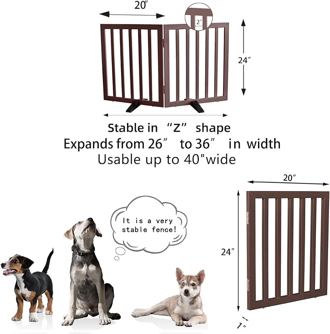 ZJSF Freestanding Indoor Dog Gate for House Foldable Wood Puppy Gate for Doorways Pet Gate for Stairs Extra Wide Pet Fence, Brown, 24" Height 2 Panels