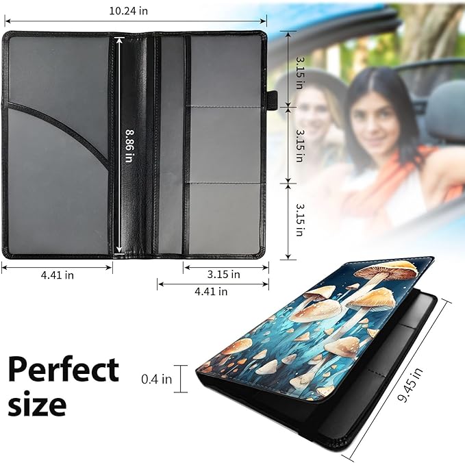Car Registration and Insurance Holder, Leather Car Glove Box Organizer, Cool Car Accessories for ID, Driver's License Cards & Essential Document,business cards,Men&Women,Mushroom Blue