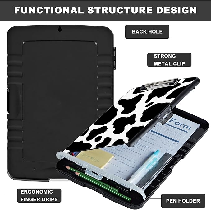 Clipboard with Storage,Storage Clipboard with Pen Holder,Heavy Duty Plastic Storage Clipboard with Low Profile Clip, Clipboard Folder, Teacher Must Haves, Office Supplies,Cute Cow