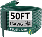 HUANCHAIN Indoor Outdoor Green Extension Cord 50 ft Waterproof, 16/3 Gauge Flexible Cold-Resistant Appliance Extension Cord Outside, 13A 1625W 16AWG SJTW, 3 Prong Electric Cable, ETL