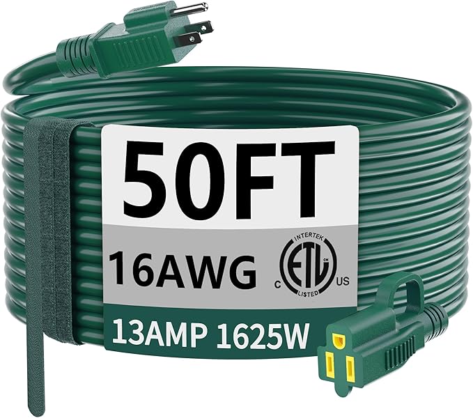 HUANCHAIN Indoor Outdoor Green Extension Cord 50 ft Waterproof, 16/3 Gauge Flexible Cold-Resistant Appliance Extension Cord Outside, 13A 1625W 16AWG SJTW, 3 Prong Electric Cable, ETL