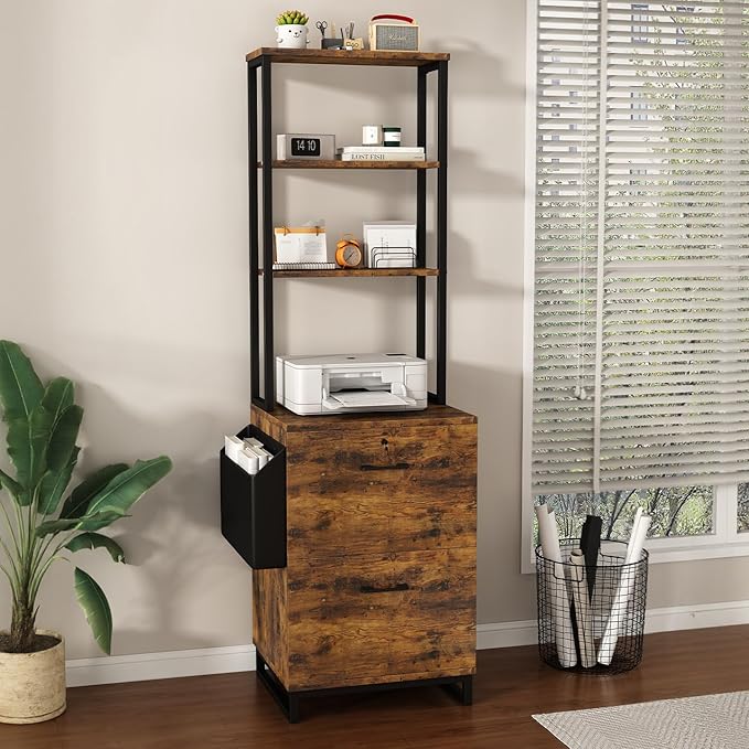 Locking Double Drawer File Cabinet with 4-Tier Display Shelf & Storage Bag, Vintage Rustic Brown Printer Stand for Home Office