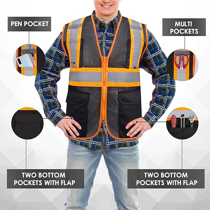 Custom Safety Vest with Logo Pockets High Visibility Reflective Vests Construction Security Workwear