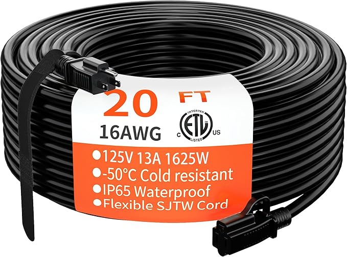 HUANCHAIN Indoor Outdoor Black Extension Cord 20 ft Waterproof, 16/3 Gauge Flexible Cold-Resistant Appliance Extension Cord Outside, 13A 1625W 16AWG SJTW, 3 Prong Electric Cable, ETL