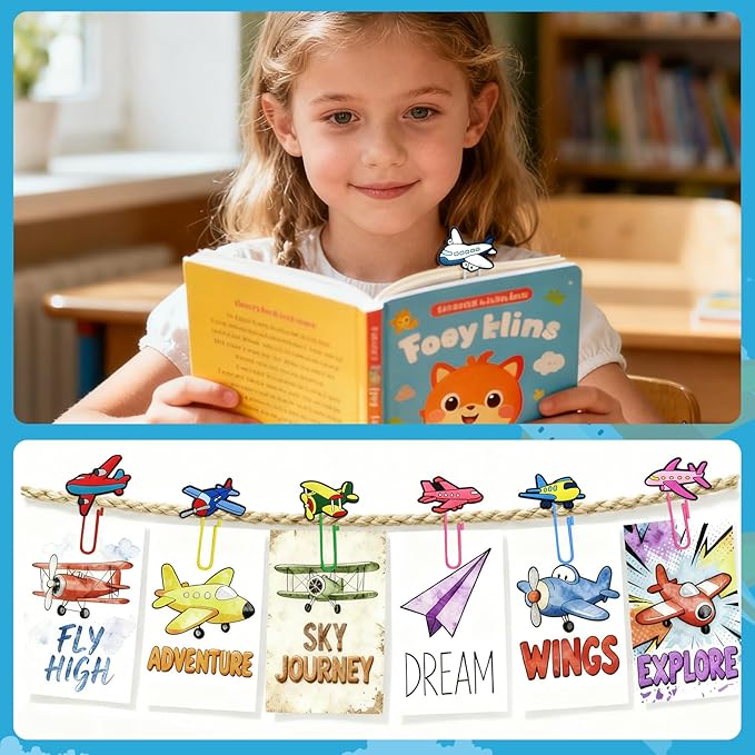 30 PCS Airplane Paper Clips Metal Paperclip Large Size Paper Clip Cute Bookmark Colorful Office Supplies Bookmark Clamp Desk Accessories Stationery for School Gifts for Students