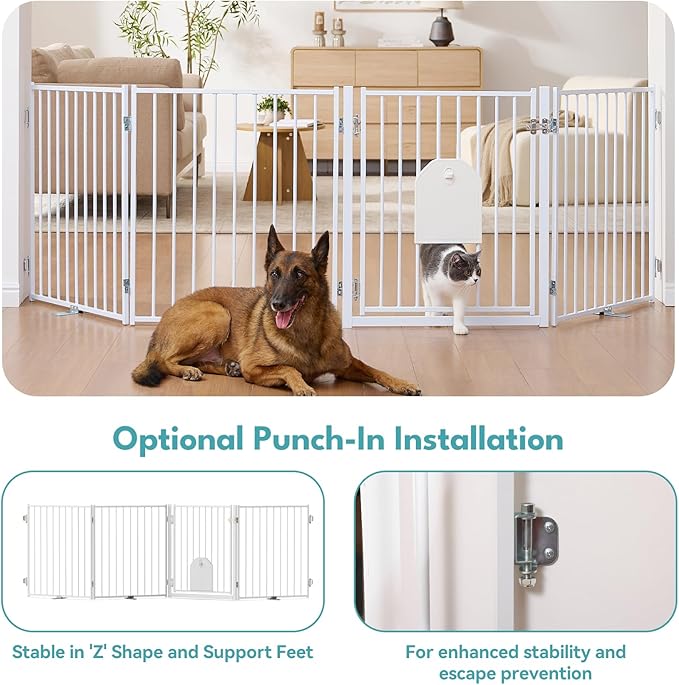 No Pawblems Free Standing Dog Gate with Cat Door, 30'' Tall Foldable Dog Fence for Indoor & Outdoor, Up to 156 Inch Extra Wide Puppy Gate for Stairs, Hallways, Doorways, Deck, Yard (White, 6 Panels)