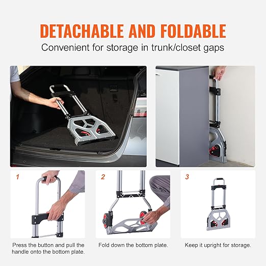 VEVOR Folding Hand Truck, 80 kg Load Capacity, Aluminum Portable Cart, Convertible Hand Truck and Dolly with Telescoping Handle and Rubber Wheels, Ultra Lightweight Super Strong for Moving Warehouse