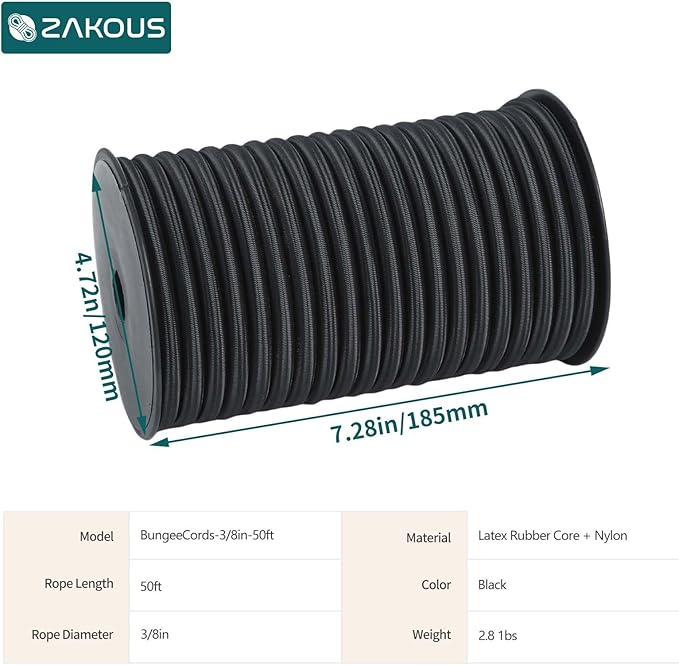 Strong and Durable Bungee Cord - 3/8" x 50ft Elastic Cord, Kayak Stretch String Rope, Bungee Shock Cords for Repairing Tent Poles, DIY, Tie Downs, Black