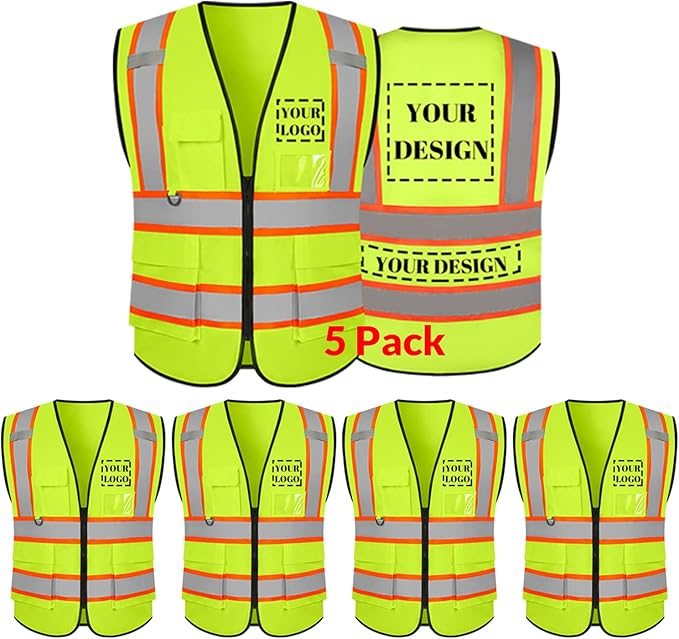 Safety Vest Reflective High Visibility with 5 Pockets ＆Zipper Class 2 Adult Unisex Construction Security Workwear
