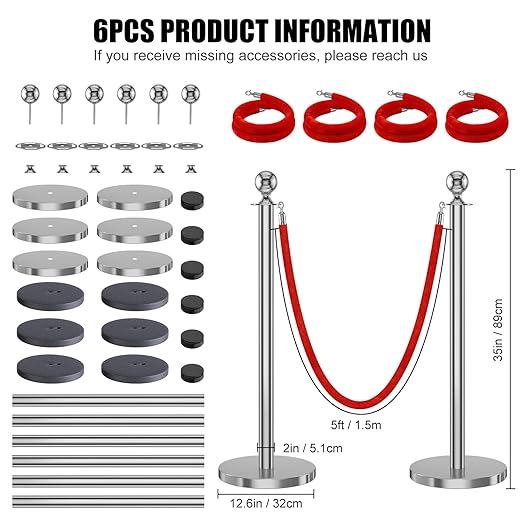 kaiyomi 6Pcs Stanchions with Red Velvet Ropes Set, 5 Feet Velvet Ropes and Posts Poles for Red Carpet Party Decoration and 360° Photo Booth (Silver)