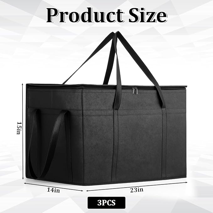 3-Pack Insulated Food Delivery Bag, Insulated Bags for Doordash, XXXL Pizza Delivery Bags, Large Capacity Cooler Bag for Grocery Shopping and Catering, Warmer/Frozen(Black)
