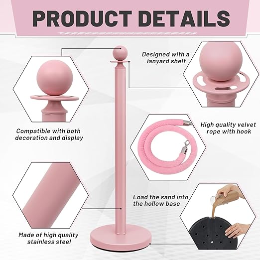 Ferraycle 4 Pcs Stainless Steel Stanchions Post Queue 38 Inch, 5 ft Velvet Carpet Ropes and Pole, Control Barriers for Wedding Birthday Party Decoration Sand Injection Hollow Base Set (Gray Pink)