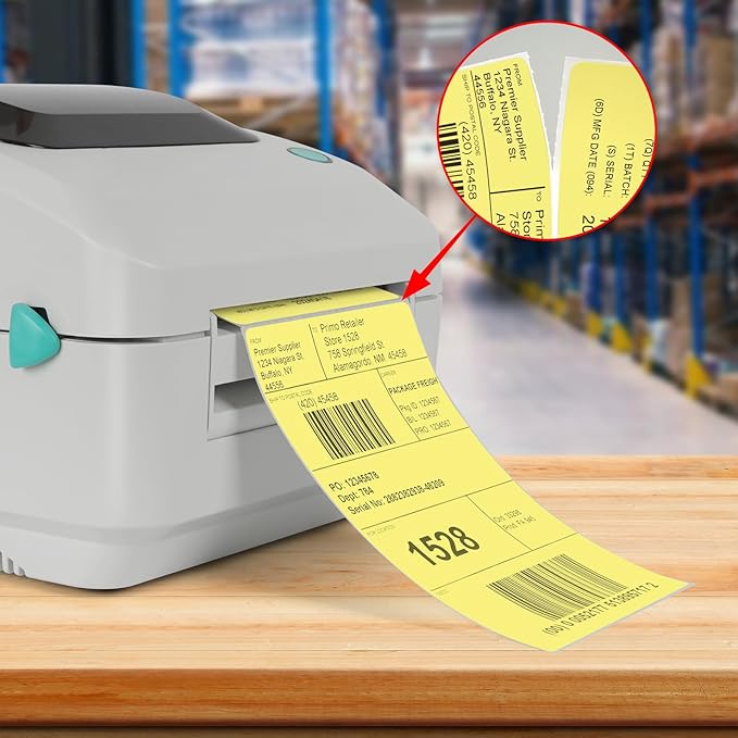 Yellow Direct Thermal Labels 4 × 6 Inch Vinyl Self-Adhesive Fanfold Shipping Stickers Waterproof Perforated Printer Decal for Office School Warehouse 500 PCS