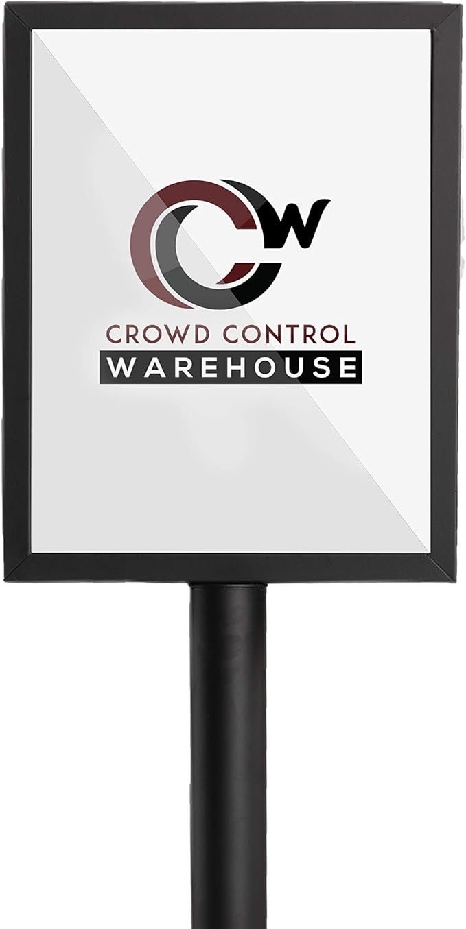 Crowd Control Warehouse Pedestal Standing Floor Sign Frame with Sloped Base, 8.5x11 Inch Vertical, Black Powder Coated Steel