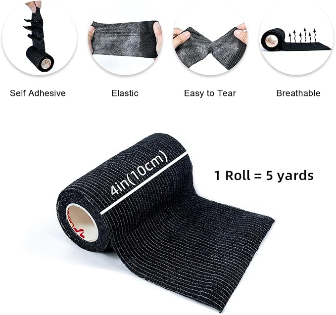 [8 Pack 4" x 5 Yards] Black- Self Adhesive Cohesive Bandage Wrap, Self Adherant Non-Woven Wrap Rolls, Atheletic Tape for Wrist, Ankle, Hand, Leg, Premium-Grade Medical Stretch Wrap