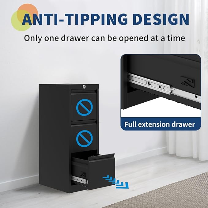 3-Drawer Metal File Cabinet with Lock, Vertical Filing Cabinet for Letter/Legal/A4/F4, Heavy Duty Steel Storage Organizer, Secure Office File Cabinet for Home Office, Black