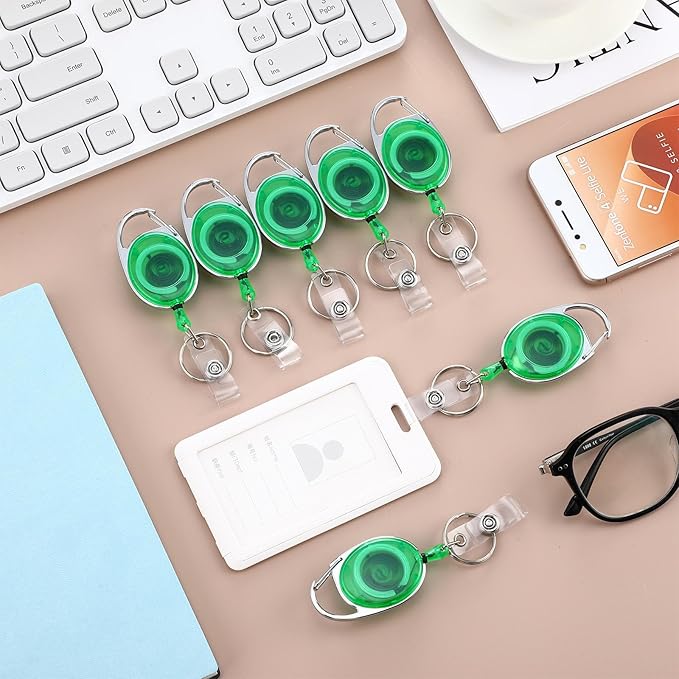 Laumoi 80 Packs Retractable ID Badge Holder Name ID Badge Reel Clips Keychain with Belt Clip and Key Ring for Office Worker Doctor Nurse Employee (Transparent Green)