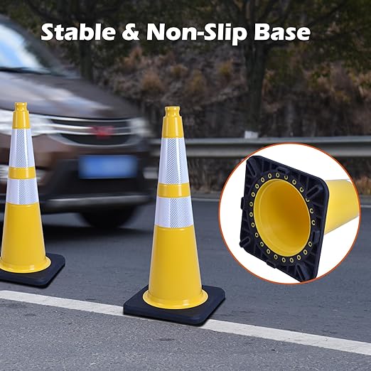 4 Pack 28 Inch Yellow PVC Traffic Cones Black Base Stable Flexible, Road Safety Construction Zone Crowd Control Parking Safety Cones (4, Yellow, 28 Inch)