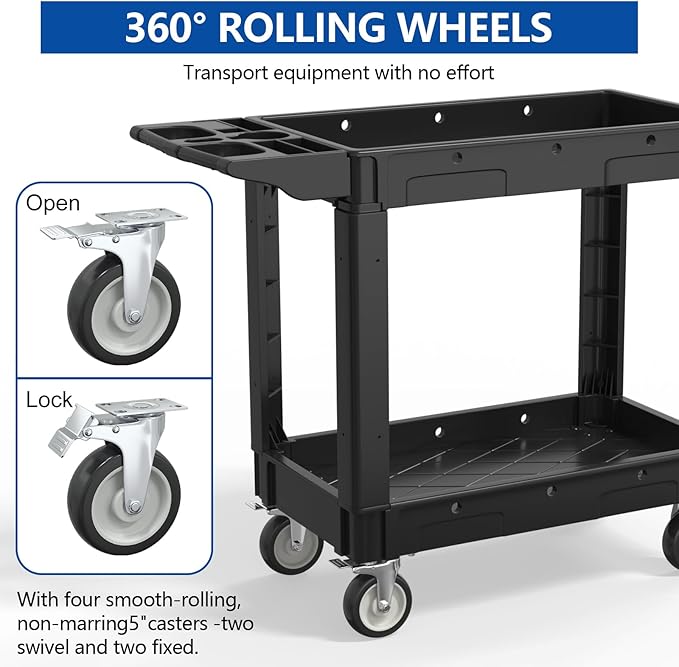 550LBS Utility Cart, 2-Tier 40x17 Inch Utility Cart with Wheels,Heavy Duty Service Cart-Lipped Shelves,Ergonomic Storage Handle and Swivel Wheels for Warehouse, Garage, Cleaning,Black