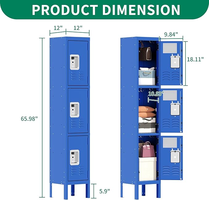 3 Tier Metal Lockers for Employees 66" Blue Storage Locker with Doors and Shelves,Steel Lockable Cabinet with Hooks Gray Tall Locker for School Office Gym Home Garage