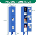 3 Tier Metal Lockers for Employees 66" Blue Storage Locker with Doors and Shelves,Steel Lockable Cabinet with Hooks Gray Tall Locker for School Office Gym Home Garage