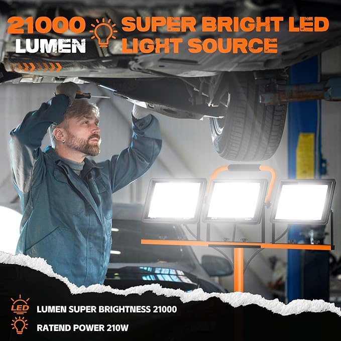 21000 Lumen Work Lights with Stand, 3 Adjustable Head LED Work Light, with Adjustable and Foldable Tripod Stand, Waterproof Lamp with Individual Switch with 6500 Kelvin Color (3-Head-Orange)