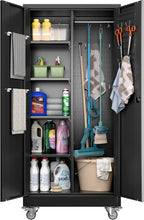 Aobabo Metal Broom Closet Storage Cabinet on Wheels and 2 Lockable Doors, Steel Cleaning Cabinet for Garage with Pegboards and Hooks,Mop Storage Cabinet,Black,Assembly Required