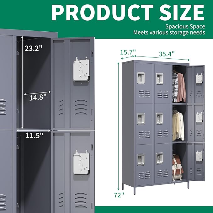 72" Tall Emplyee Locker with Shelves and Hooks 9 Doors Steel Sports Locker for Office Home Bedroom School Gym Garage, Metal Staff Locker Locking Storage Lockers Cabinet,Grey