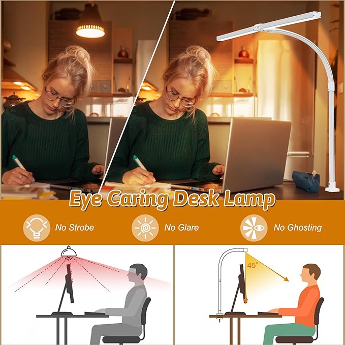 LED Desk Lamp for Office Dorm Home - Eye Caring Desk Light with Timer, Remote Control 24W Brightest Dual Screen Computer Monitor Gooseneck Dimmable Table lamp with Anti-Glare Cover Base