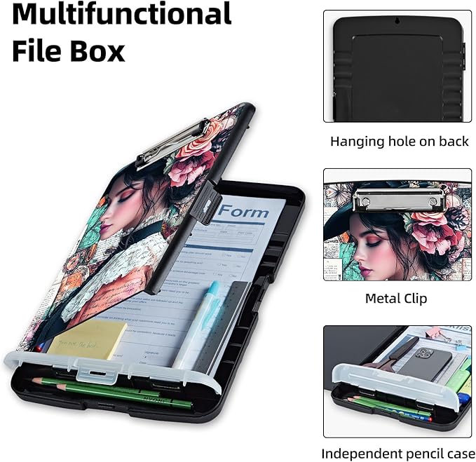 Clipboard with Storage Box & Pen Holder,Heavy Duty Clip Boards 8.5x11 for Nursing,High Capacity,School & Office Supplies,Vintage Floral